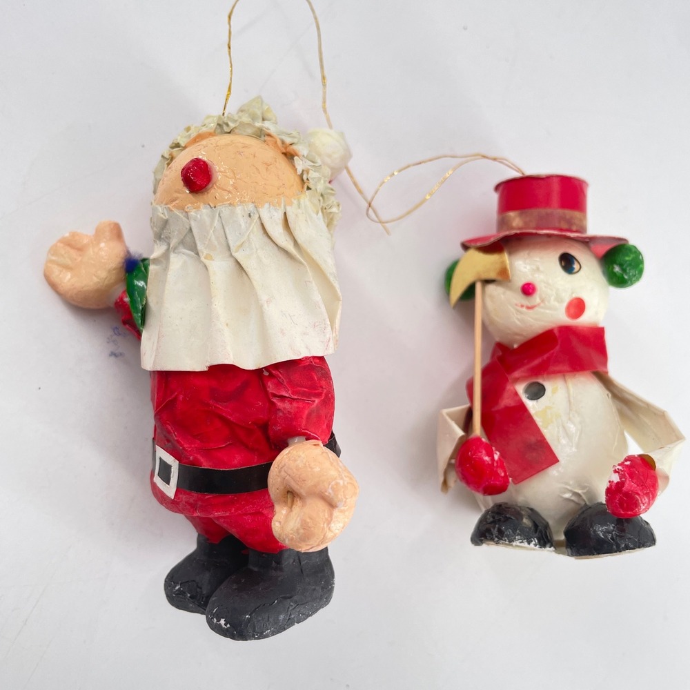 Mid Century Santa and Snowman Ornaments Red White Paper Mache Kitsch Crepe 2pc